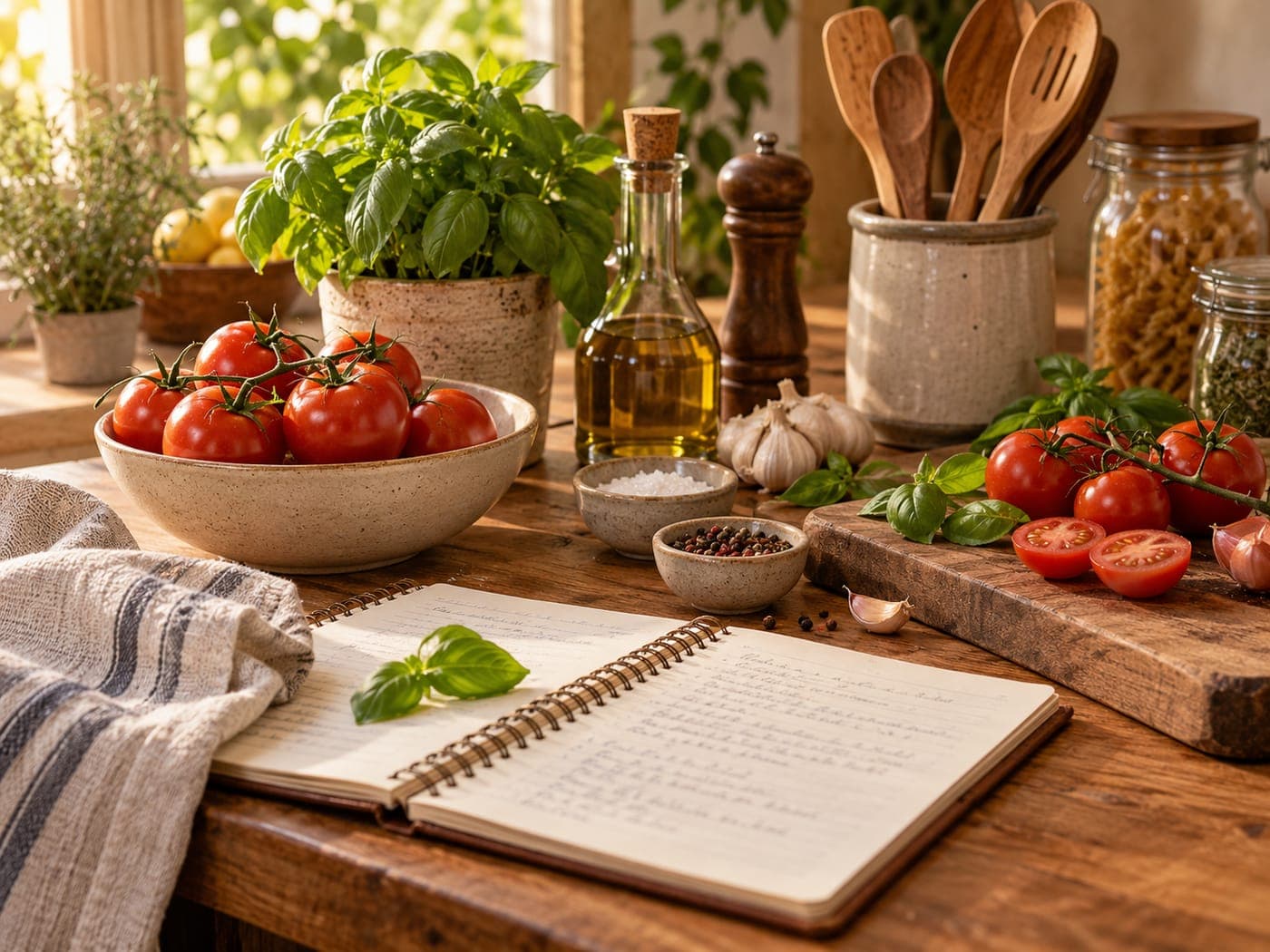 Caderno de receitas aberto sobre a mesa de madeira, com tomates, ervas e utensílios
