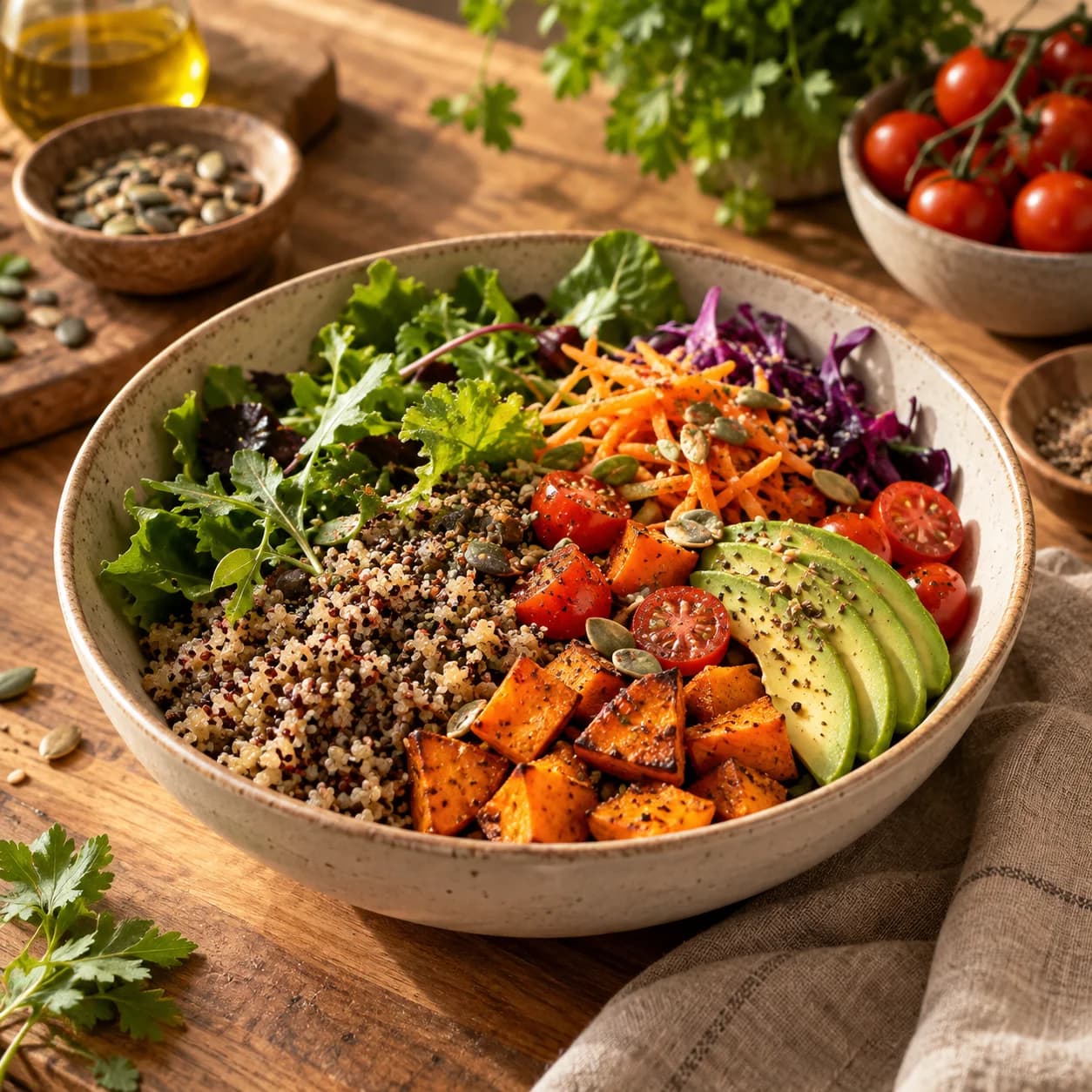Bowl de quinoa com batata-doce assada, abacate fatiado, tomates-cereja, cenoura e repolho roxo ralados, folhas verdes e sementes de abóbora
