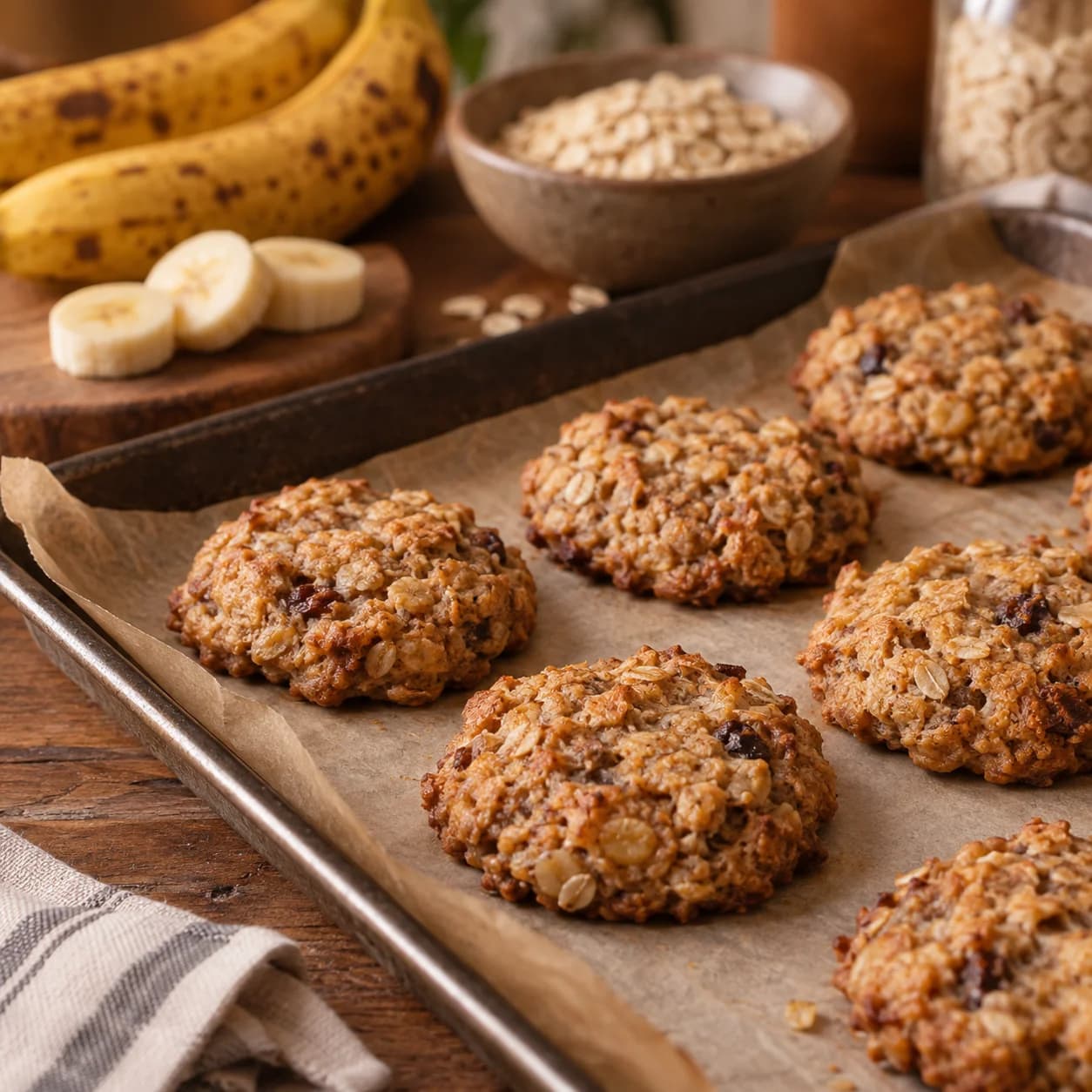 Cookies de aveia com pedacinhos escuros em assadeira forrada com papel-manteiga, com bananas maduras e aveia ao fundo