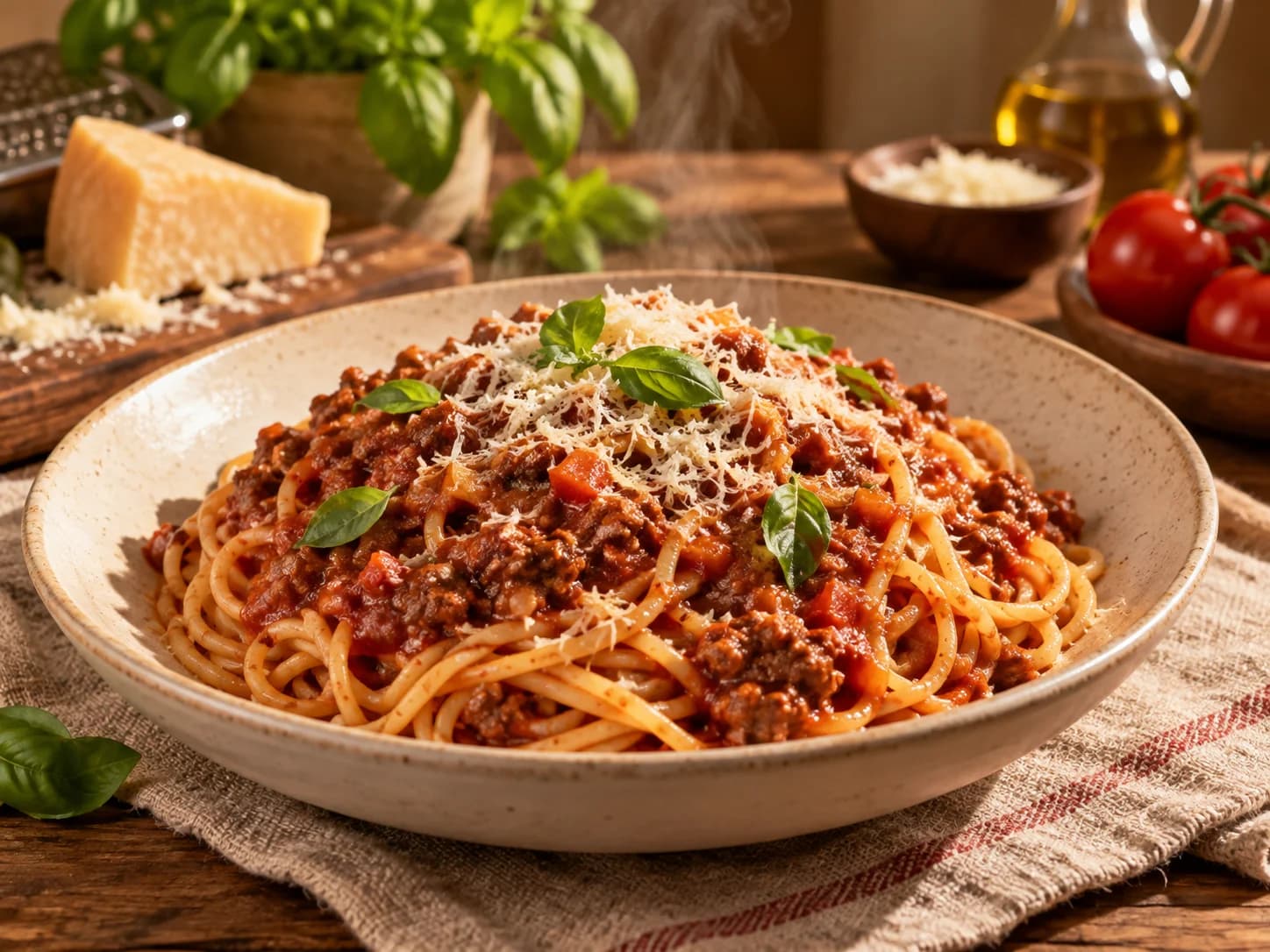 Prato de espaguete com molho de carne moída, parmesão ralado e folhas de manjericão, com queijo, tomates e azeite ao fundo
