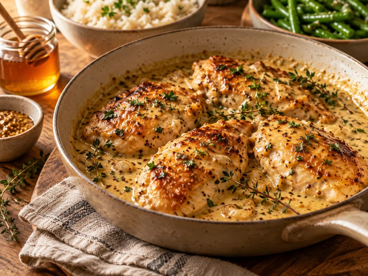 Frigideira com filés de frango dourados em molho cremoso com grãos de mostarda e ramos de tomilho, com arroz e vagem ao fundo