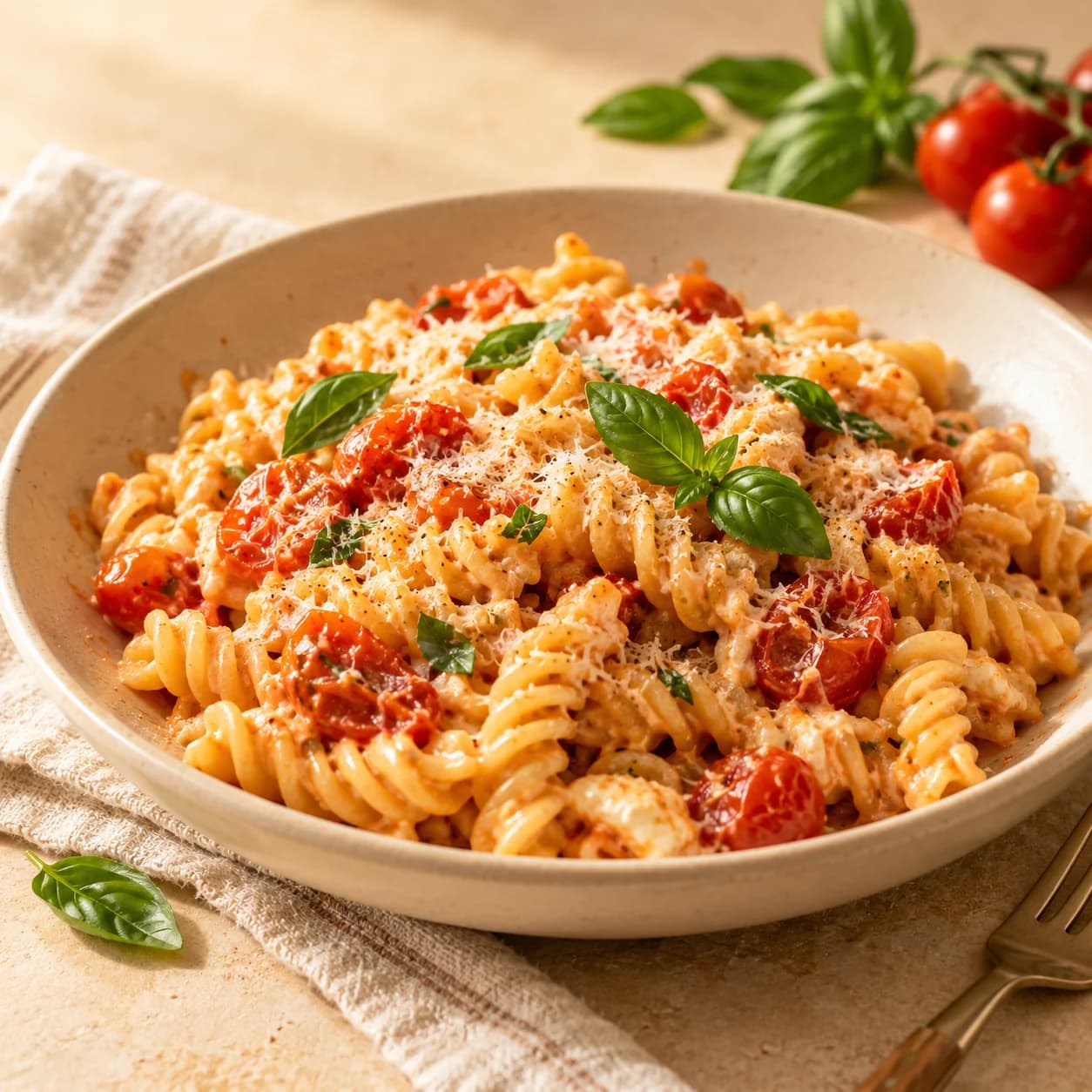 Fusilli em molho cremoso claro com tomates-cereja, parmesão ralado e folhas de manjericão em prato fundo bege