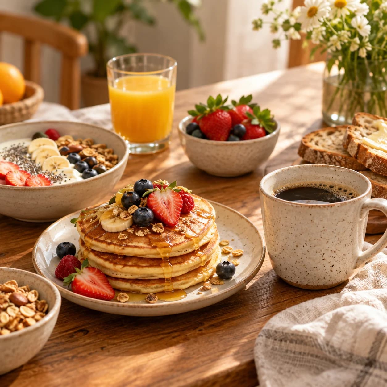Pilha de panquecas com morangos, mirtilos, banana, granola e mel em mesa de café da manhã com xícara de café e suco