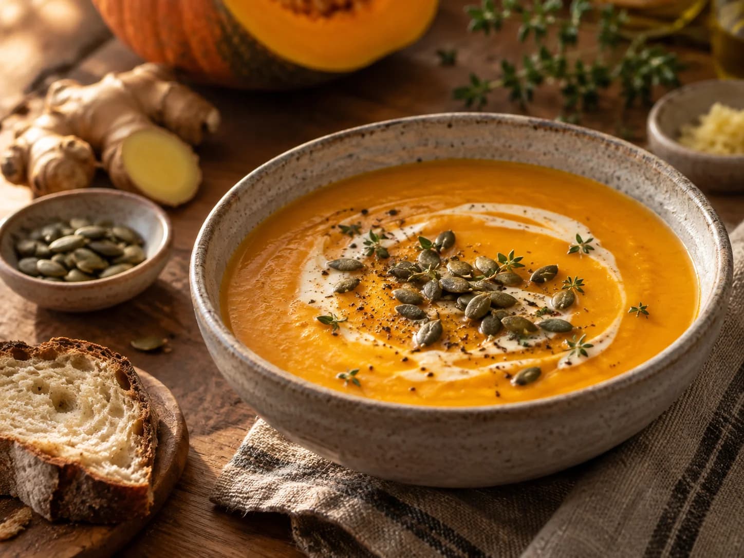 Tigela de sopa de abóbora com fio de creme, sementes de abóbora tostadas e tomilho, com gengibre, abóbora e pão ao redor