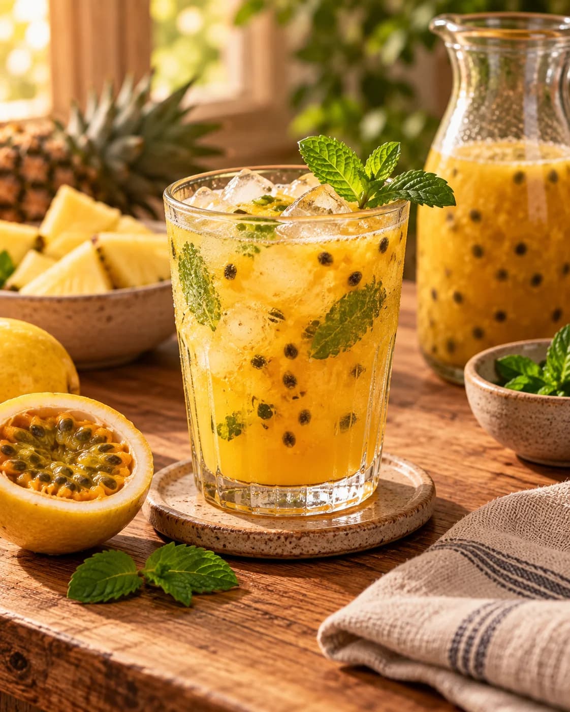 Copo de suco de maracujá com gelo, sementes e folhas de hortelã sobre mesa de madeira, com jarra e maracujás cortados ao lado