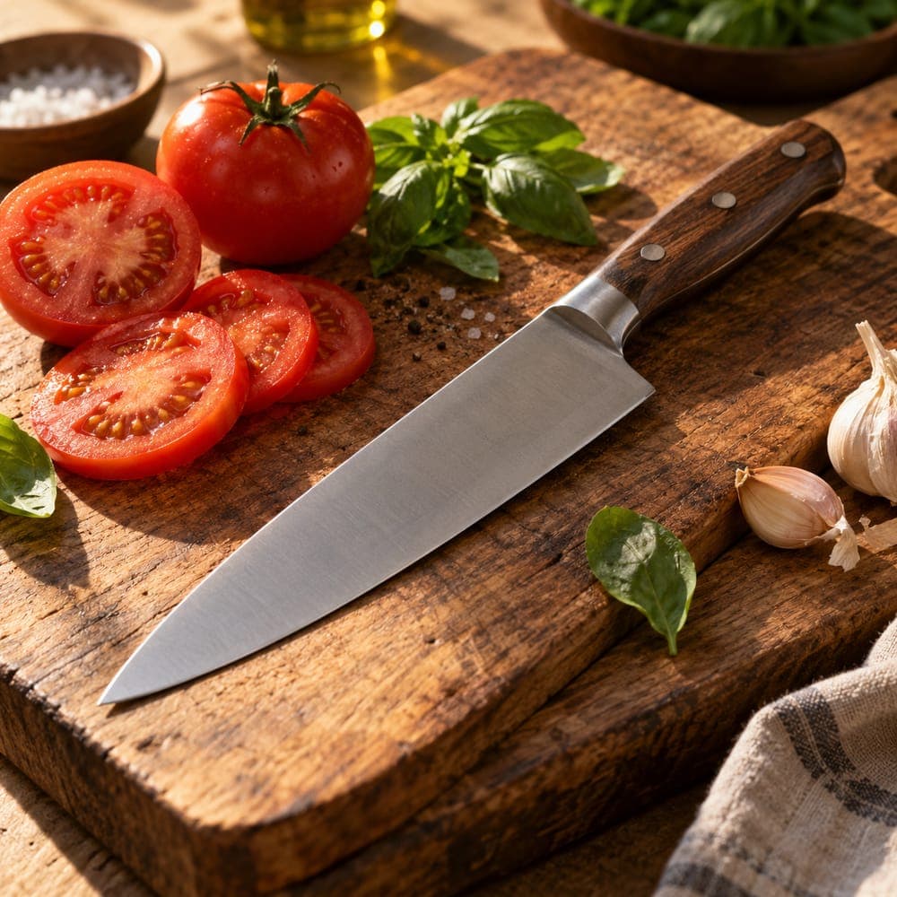 Faca do chef sobre tábua de madeira com tomates fatiados