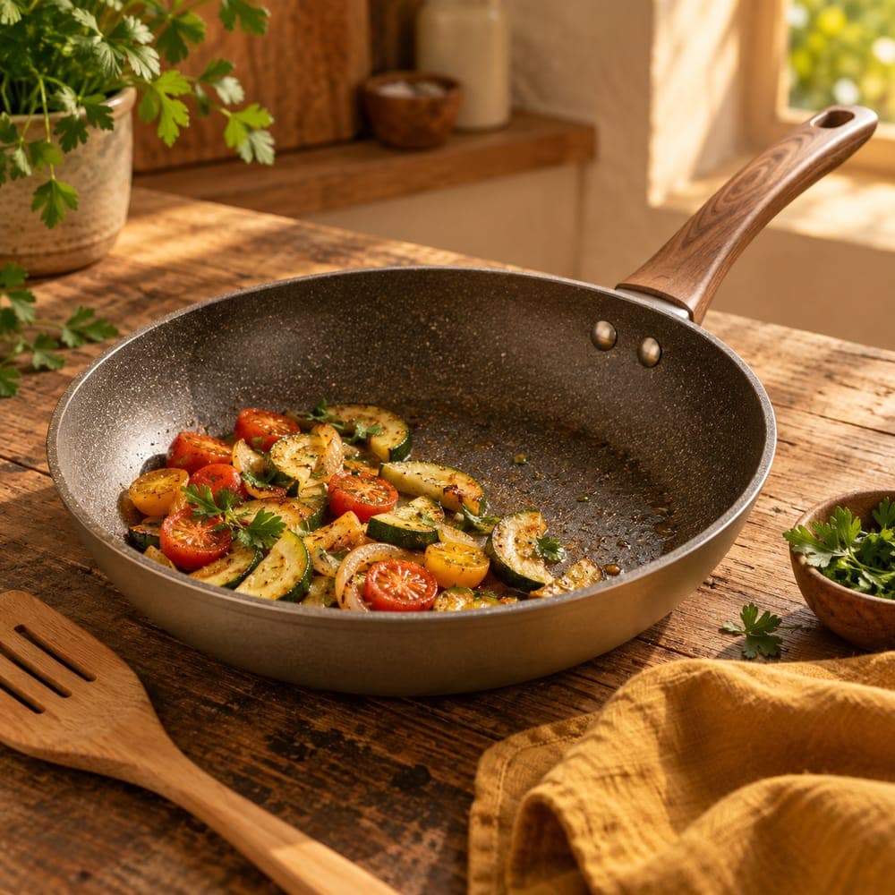 Frigideira com legumes salteados e espátula de madeira