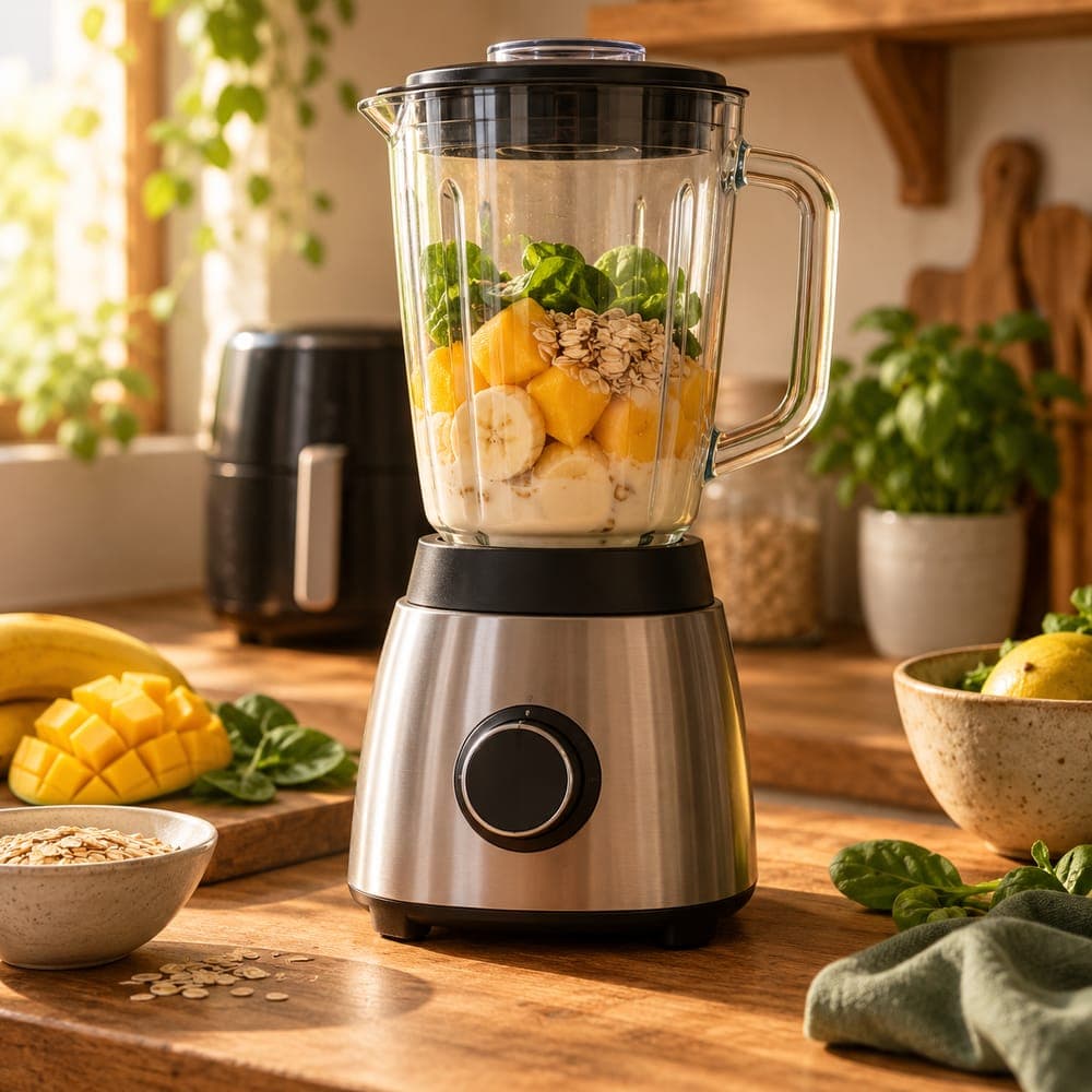 Liquidificador com frutas sobre a bancada