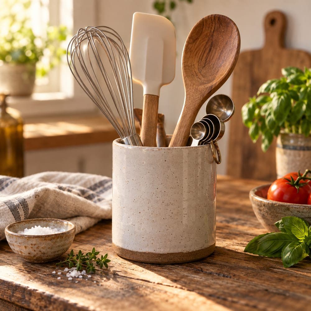 Utensílios de madeira em um pote de cerâmica sobre a bancada, com tomates e ervas